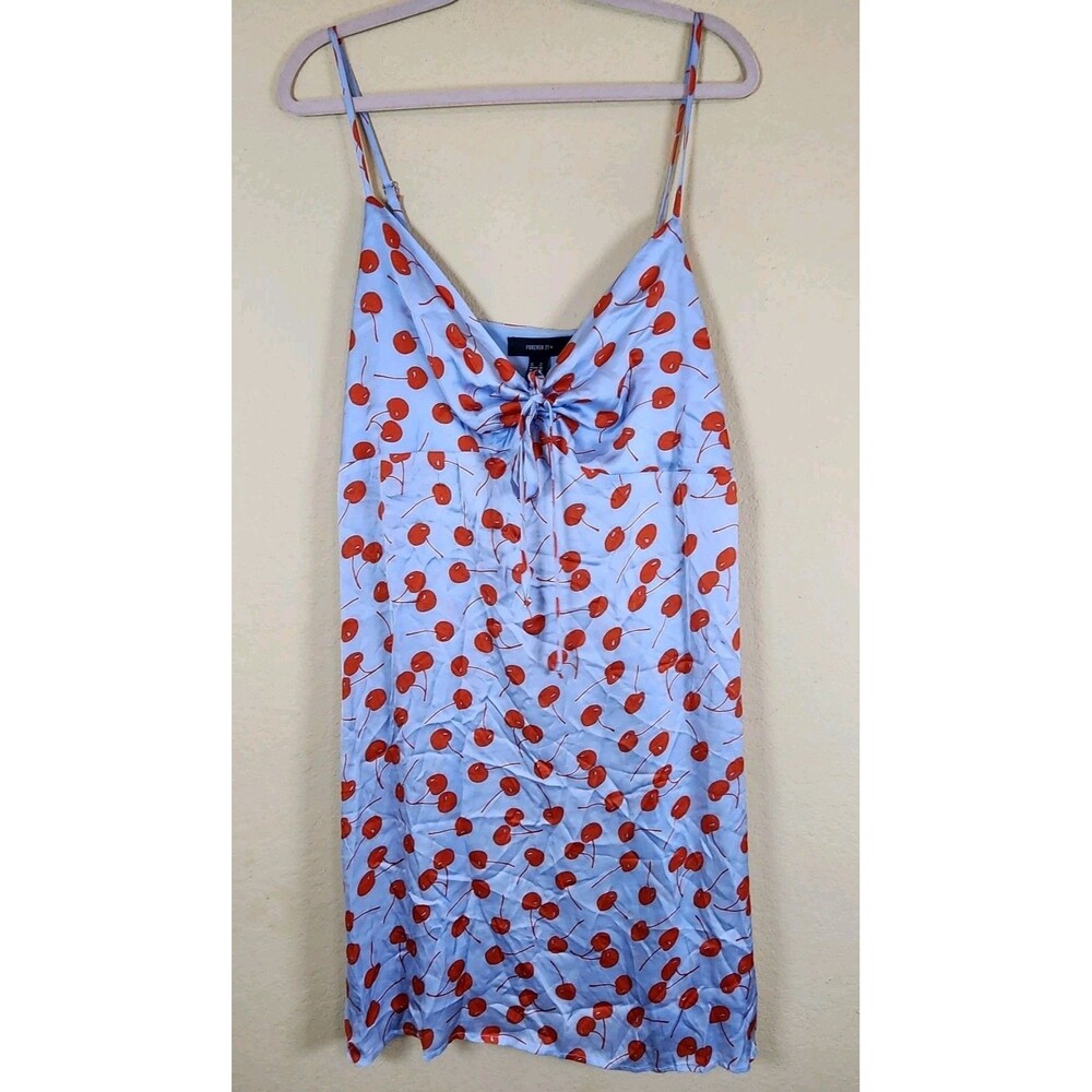 Forever 21 1X Pink Cherry Print Mini spaghetti strap pinup breast tie dress blue